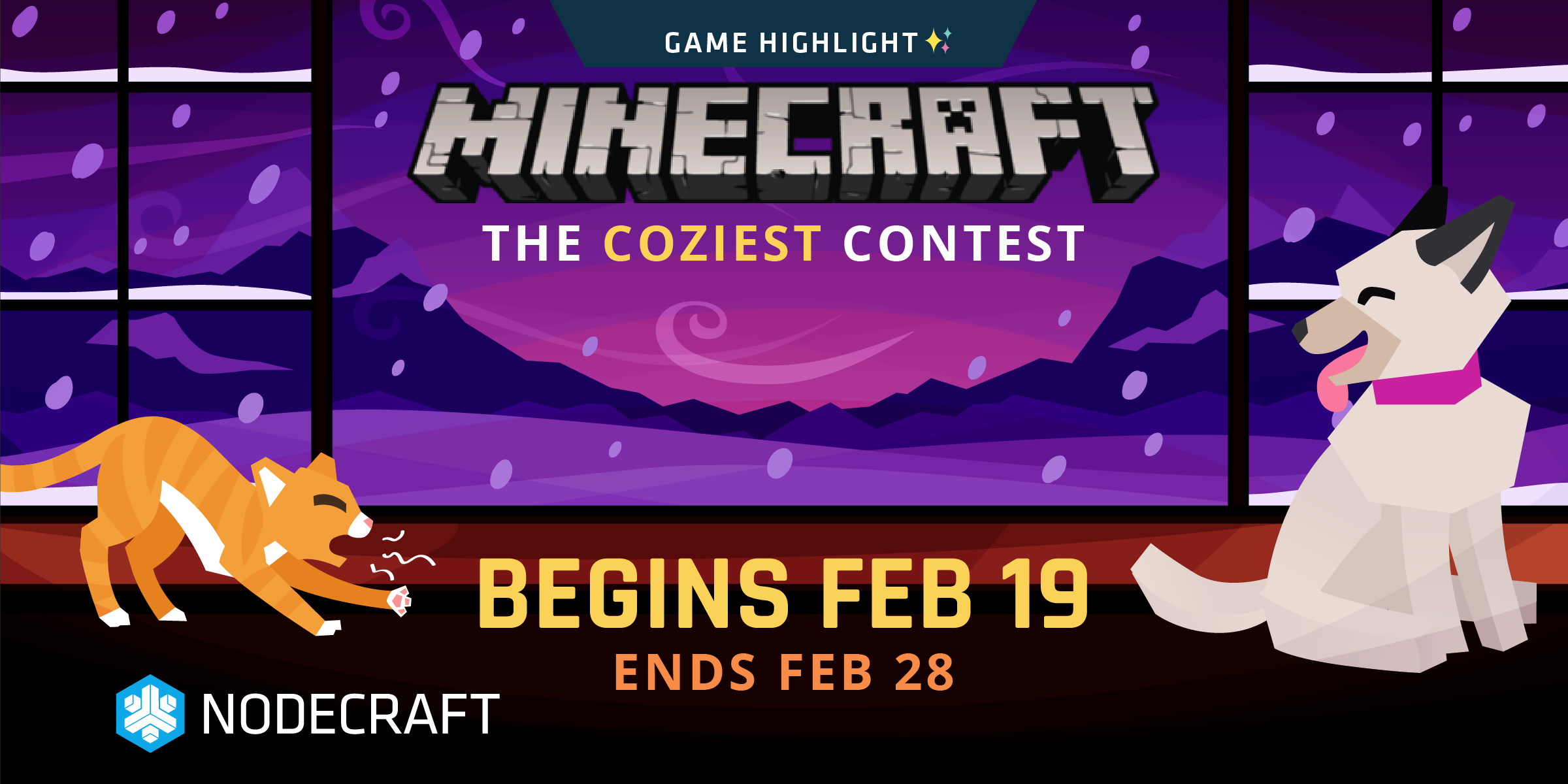 Winter cozy build contest header, featuring a Minecraft dog and cat in a snowy window.